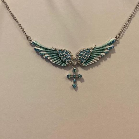 3/$15~Blue Crystal Angel Wing Necklace - Picture 3 of 4